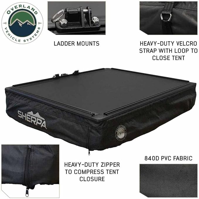 Overland Vehicle Systems XD Sherpa Soft Shell Aluminum Hard Shell Hybrid Roof Top Tent with Blackout Kit - Grey Body & Black Rainfly