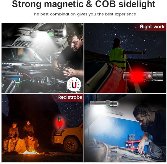 Rechargeable Flashlight, Magnetic LED Flashlight ?�Battery Not Included?‘with COB Work Light, Pocket Tactical Flashlights with 6 Modes,1000 Lumens Super Bright,Waterproof,Zoomable,for Camping,Emergency