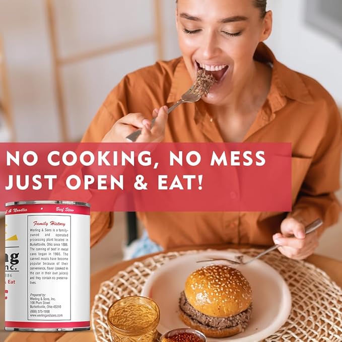 Werling Meat Canned Beef 14.5 Oz – Fully Cooked, Heat & Eat | Shelf Stable Canned Meat for Pantry Staples, Everyday Meals, Camping, Hiking, Emergency & Survival | 5-Year Shelf Life | Pack of 6