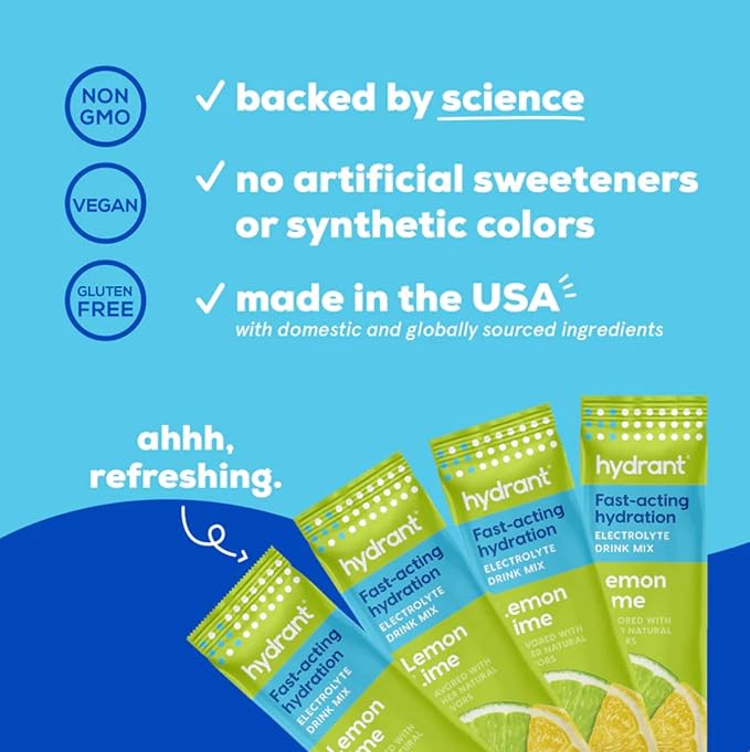 HYDRANT - Hydrate Electrolyte Powder, Lemon Lime Flavor, 30 Rapid Hydration Individual Stick Packs - Low Sugar Drink Mix for Daily Use, Travel & Workouts