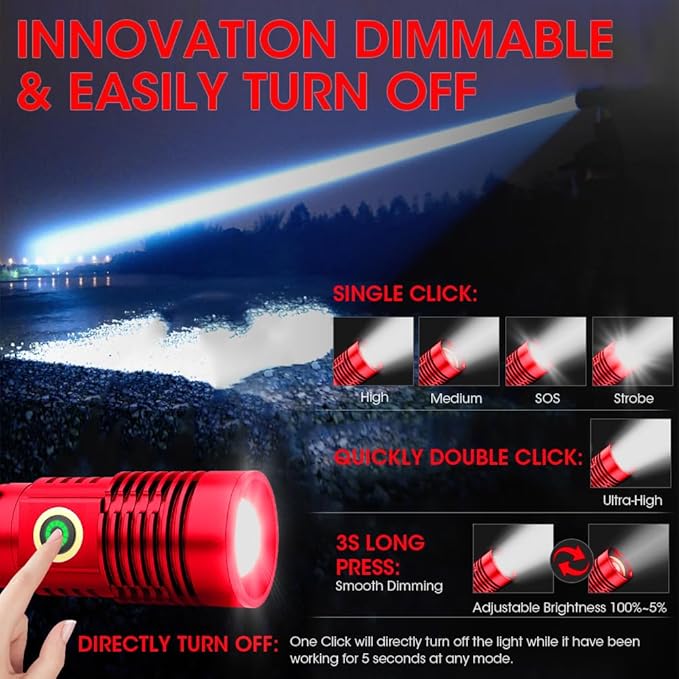 Rechargeable Flashlight High Lumens, High Lumens Super Bright Flash Light, Long-Range Zoomable LED Flashlights for Emergency, EDC, Searching, Waterproof Flashlight Dimmable Red 2Pcs