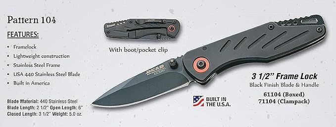 Bear Edge 3-3/8 in. Framelock Folding Knife, 440 High Carbon Stainless Steel Blade, Black Steel Handles, Assisted Opening and Pocket/Boot Clip (61104)