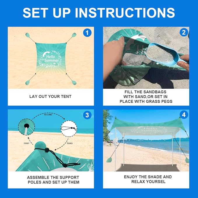 YUKIHOME Beach Tent Sun Shade Canopy Tent, UPF 50+ Camping Beach Sun Shelter 10 x 10ft 4 Pole, Lightweight, Easy Set Up and Carry