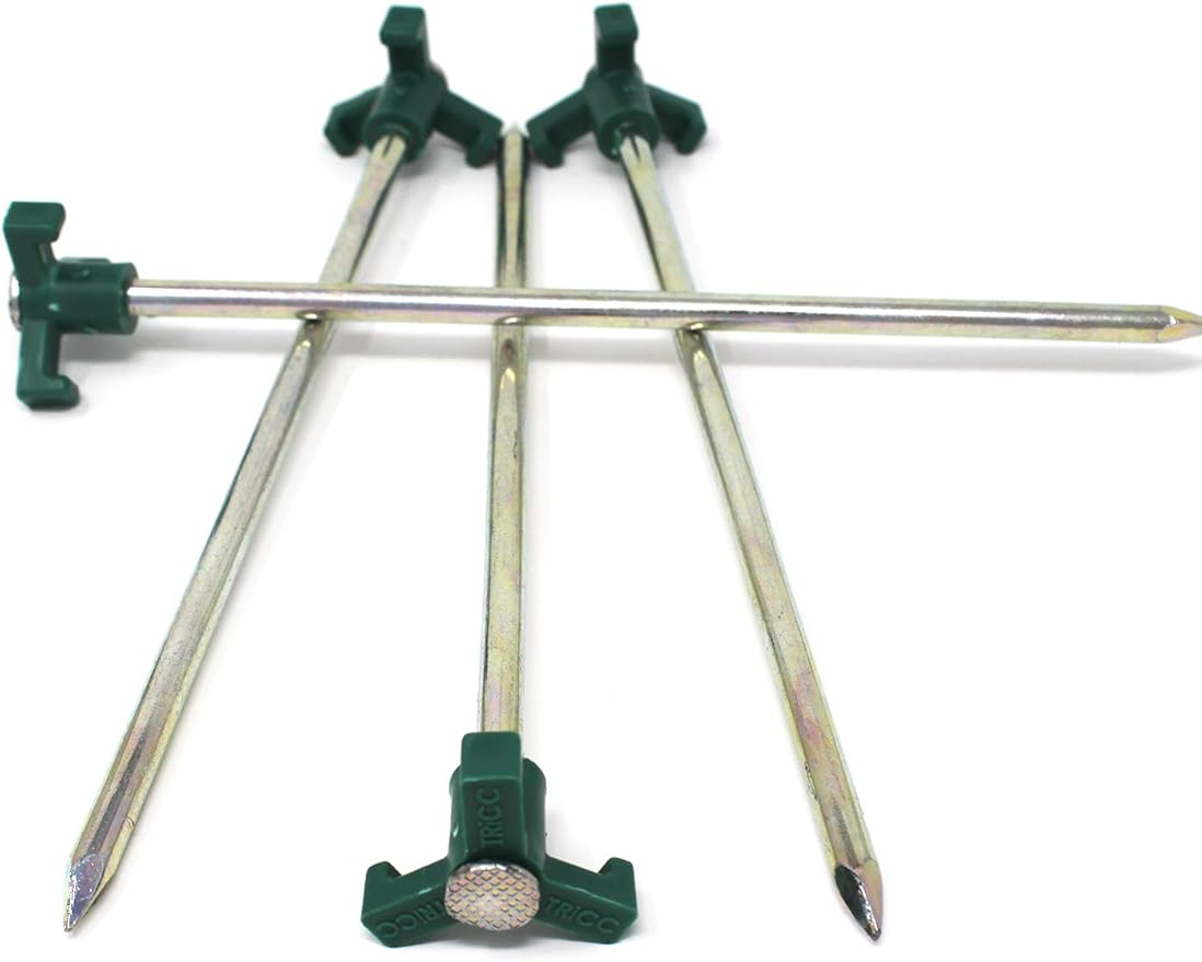 Tricc Unbreakable Heavy Duty Steel Tent/Canopy Stakes, Galvanized Non-Rust 10" Three Pegged Solid, Sturdy Stakes for Outdoor Trips, Camping, Hiking & Gardening. 4 Colors Made in The USA (Green)