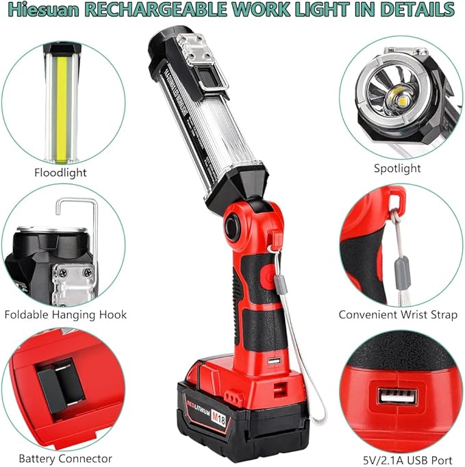 Cordless LED Work Light Compatible with Milwaukee 18v Battery, Hiesuan 35W 2000LM Outdoor Flashlight Portable Camping Lanterns with Hook, 90°Rotatable for Car Repairing, Job Site Lighting, Emergency