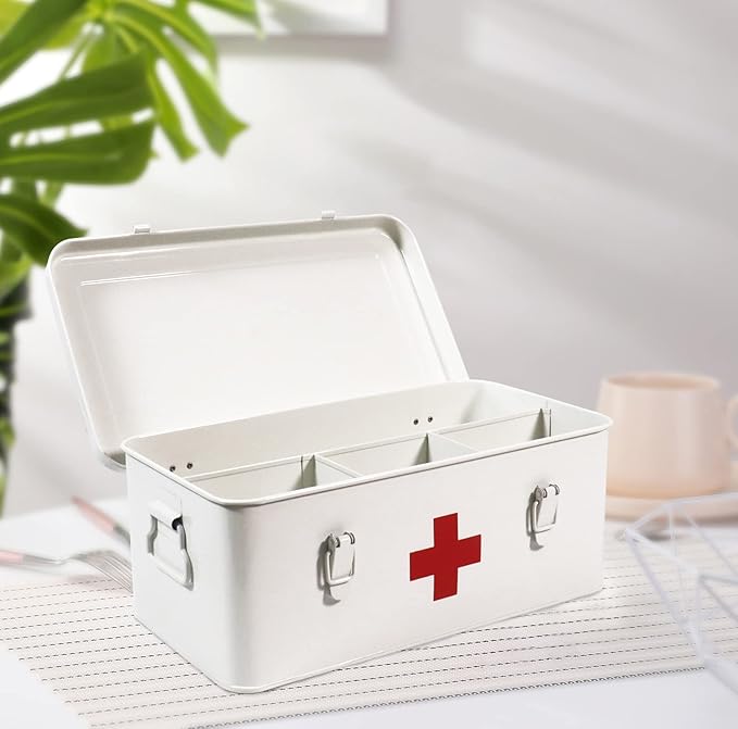 First Aid Medicine Box, First Aid Kit Supplies Bin, Metal Medicine Storage Tin, First Aid Empty Box with Safety Lock for Home Emergency Tool Set-White