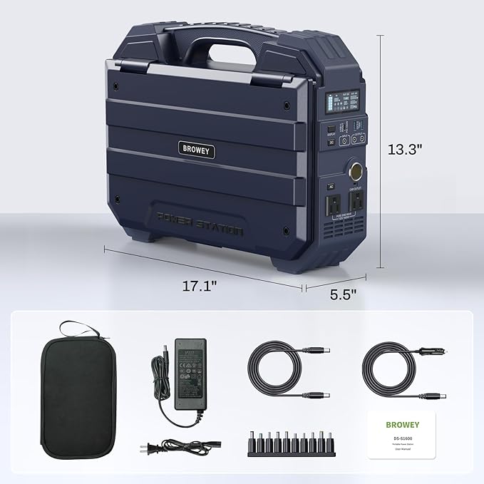 BROWEY 1600W (3200W Peak) Portable Power Station, 1024Wh LiFePO4 Battery with Built-in Solar Panel, 100W USB-C PD, Solar Generator for Camping, RV, Home Backup, Emergency (Dark Blue)