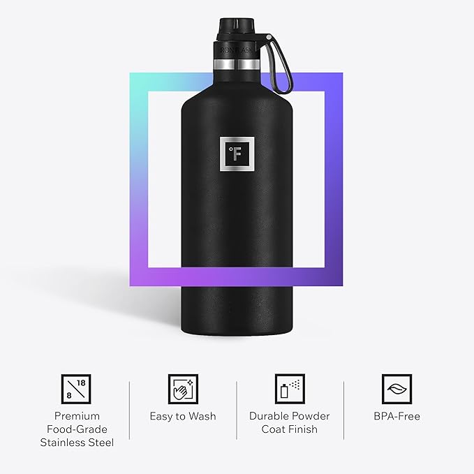 IRON °FLASK Camping & Hiking Hydration Canteens - 3 Lids (Narrow Spout Lid) Leak Proof Vacuum Insulated Stainless Steel - Hot & Cold Double Walled Sports Water Bottle - Twilight Blue, 64 Oz