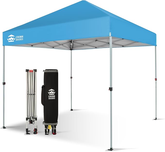 CROWN SHADES 8x8 Pop Up Canopy, Patented Center Lock One Push Instant Popup Outdoor Canopy Tent, Newly Designed Storage Bag, 8 Stakes, 4 Ropes, Silver-Coated Sky Blue