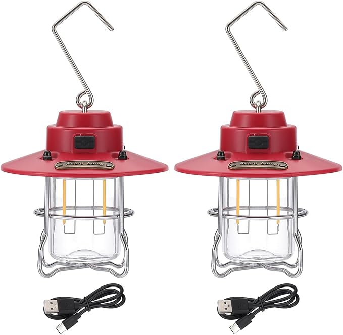PATIKIL LED Camping Lantern, 2 Pack Vintage Rechargeable Lantern 3 Light Modes Portable Hanging Outdoor Tent Light for Camping, Hiking, Fishing, Red 3.66 Inch