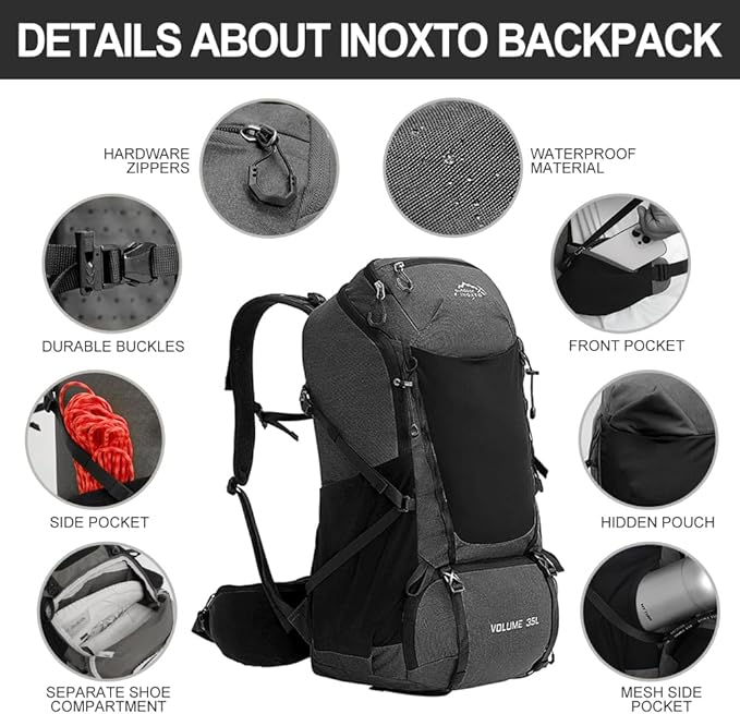 INOXTO 35L Hiking Backpack with 3Lwater bladder, Camping Backpack with Waterproof Rain Cover for Men, Outdoor Sport Travel Daypack for Climbing (Black grey)