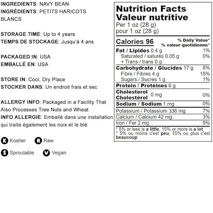 Food to Live Navy Beans, 5 Pounds – Raw, Dried, Vegan, Kosher, Whole Small White Kidney Beans in Bulk, Good Source of Protein, Fiber, Folate, and Copper. Low Sodium. Great for Cooking and Soups