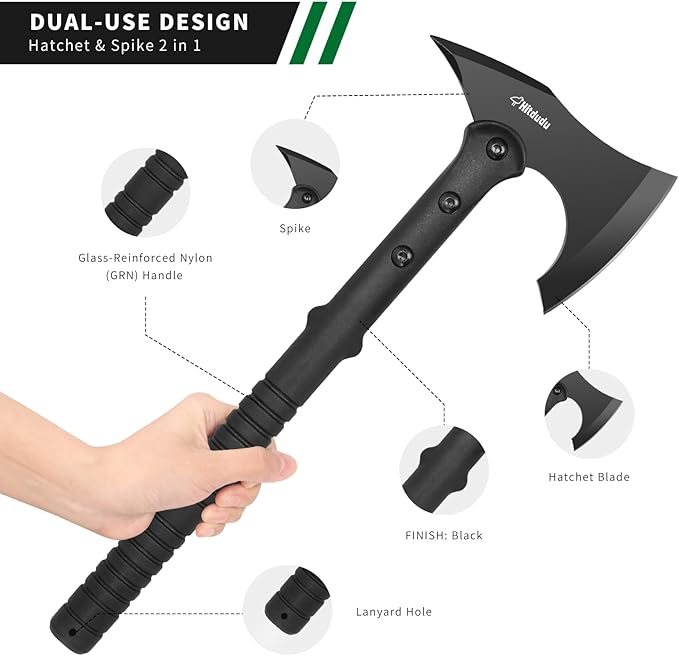 Tactical Survival Tomahawk Outdoor Axe for Hiking Camping Axe with Spike Hatchet Emergency Breaching Multitool Throwing Axe Includes Sheath