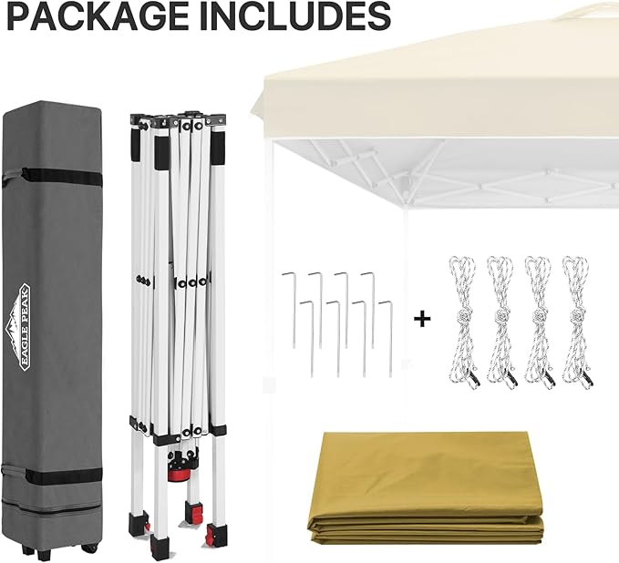 EAGLE PEAK Pop Up Canopy Tent with Wheeled Carry Bag, 8 Stakes, 4 Ropes, Easy Set Up Tent Canopy, 8x8 ft, Beige