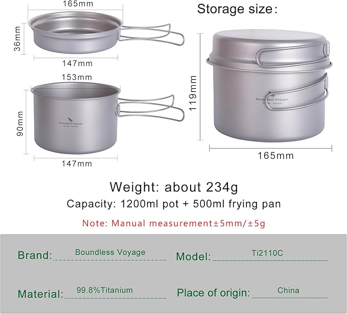 iBasingo Backpacking Cookset Titanium Camping Pots Set Ultralight Outdoor Picnic Pots Pans with Folding Handle Druable Portable Cooking Mess Kit Compact Picnic Dishes Bowls Cups (Multiple Sizes)