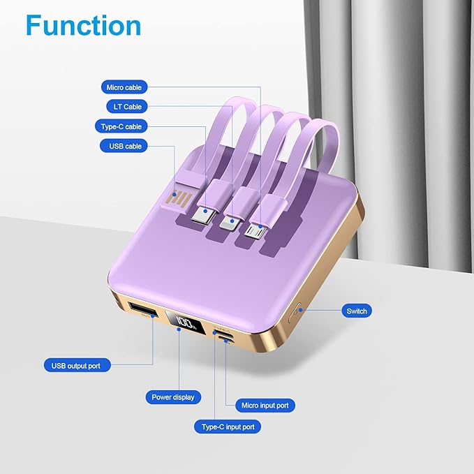 Portable Charger 12000mAh with Built-in Cables,22.5W Fast Charging Power Bank,USB C Input/Output,Smart LED Display,Compact External Battery for iPhone 15,Samsung Galaxy,iPad,Tablets