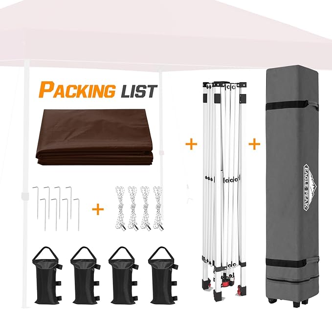 EAGLE PEAK Pop Up Canopy Tent with Wheeled Carry Bag, 8 Stakes, 4 Ropes, 4 Weight Bags, Easy Set Up Tent Canopy, 10x10 ft, 100sqft of Shade,Brown