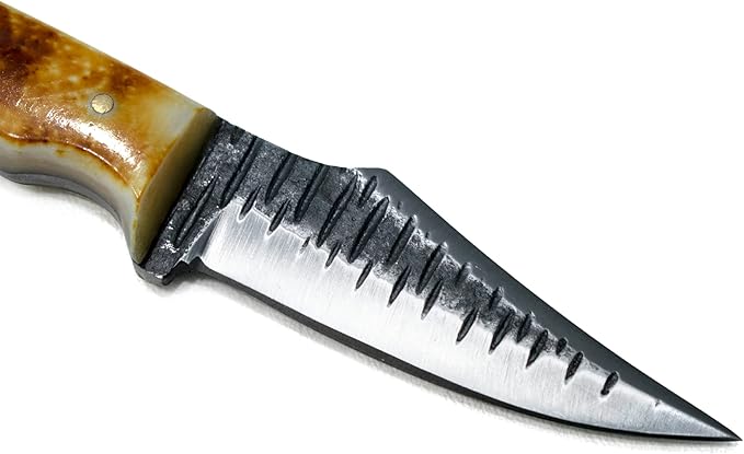 Titan International Knives Handmade Carbon 1080 Steel | Fixed Blade Color Coated Hand Pounded Hunting and Skinning Knife | Burnt Bone Handle Perfect for Hunting and Camping with Leather Sheath