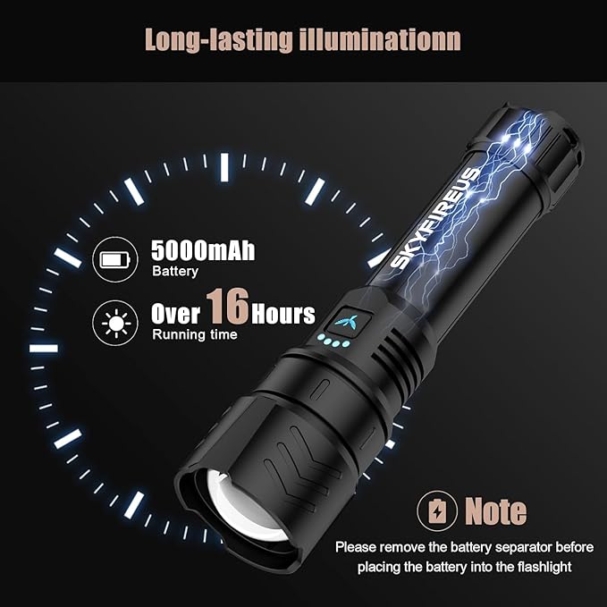 SKYFIRE LED Flashlight High Lumens,2000lm Super Bright Rechargeable Flashlight,Zoomable,Four Modes,Waterproof Flash Light for Camping Essentials,Outdoor and Home Emergencies&Gifts-No Lens