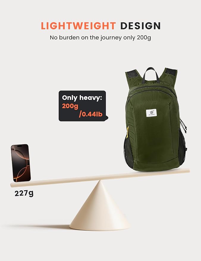 SKYSPER 16L Hiking Backpack Lightweight Small for Women Men, Foldable Packable Daypack - Travel Camping Backpack, Outdoor Hiking Bag (Armygreen)