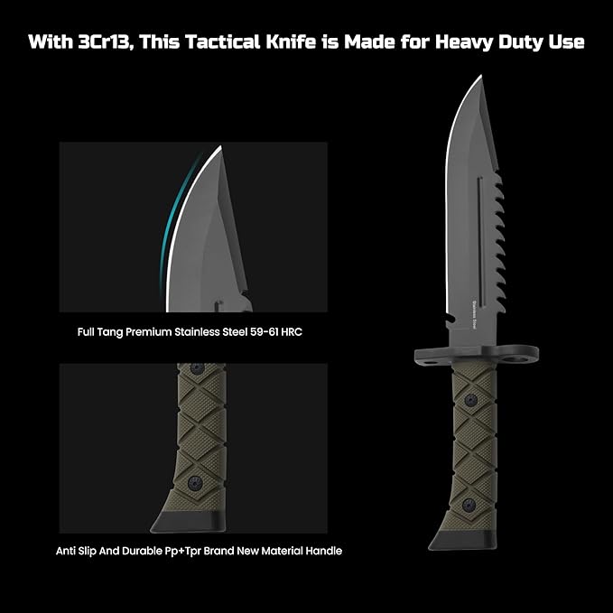 15" Fixed Blade Tactical Knives with Sheath, Stainless Steel Survival Hunting Bushcraft Full Tang Non-Slip Handle Knife with Serrated Blade Back for Camping Adventure EDC