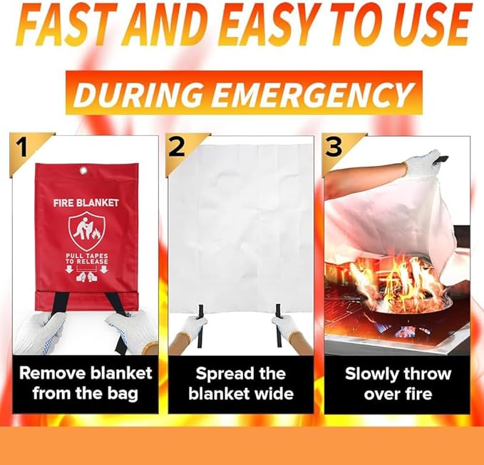 Emergency Fire Blanket for Home Kitchen 40"x40" 2 Pack with Gloves and Hooks Flame Suppression Fiberglass Fireproof Retardant Blankets for Car Boat Camping BBQ Grill Warehouse Survival Safety