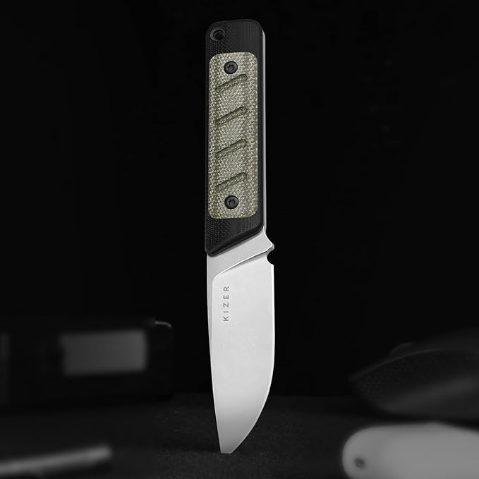 Kizer Smolt Fixed Blade Knife, 2.93" 14C28N Fixed Blade with Black G10 & Micarta Handle, Drop Point EDC Knives with Sheath for Camping Hiking 1063A6