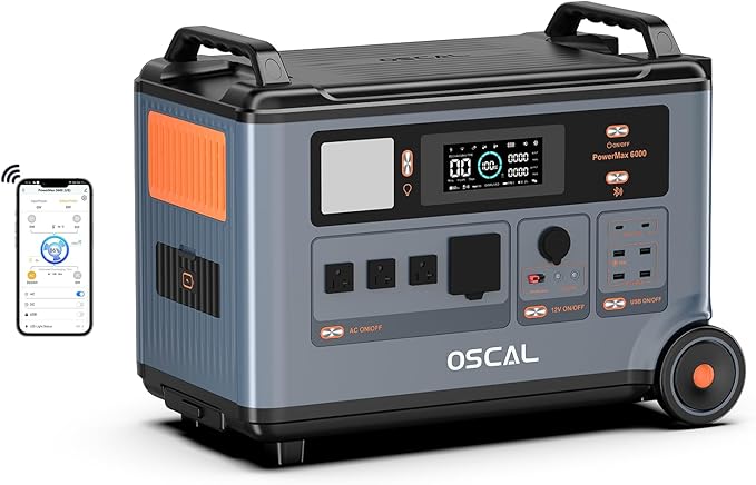 OSCAL PowerMax 6000 Solar Generator, 3600Wh LFP Battery Power Station, Expandable to 57.6kWh, 120/240V Split Phase Voltage 6000W AC Outlets (7200W Peak), 2200W/1.96H Fast Charging, Emergency for Home