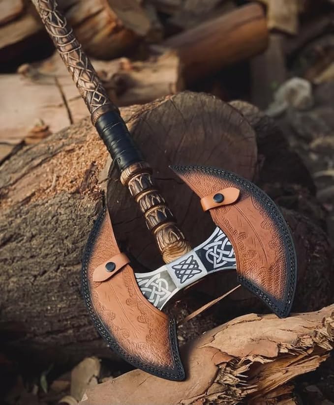 Hand Forged Double Headed Carbon Steel Axe – Bearded Battle Axe with Ash Wood Handle and Leather Sheath – Handmade Functional Gift for Him (DHA)