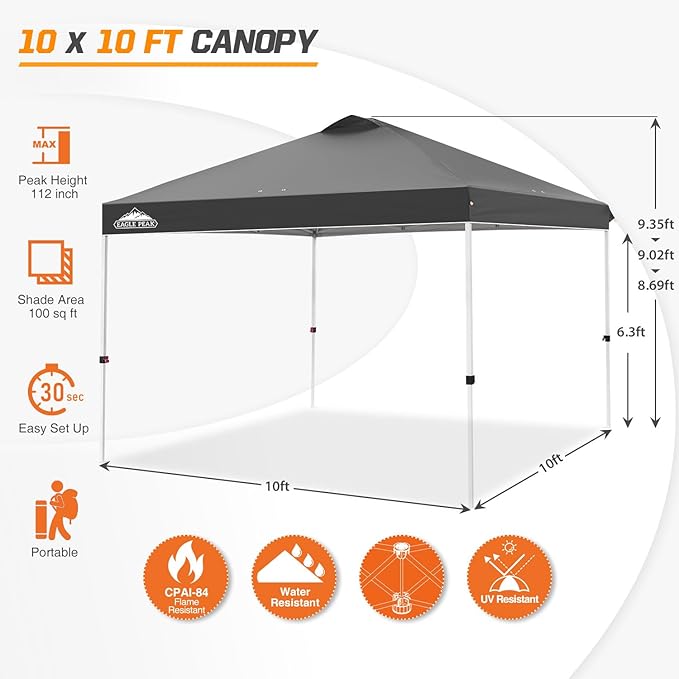 EAGLE PEAK Pop Up Canopy Tent with Wheeled Carry Bag, 8 Stakes, 4 Ropes, 4 Weight Bags, Easy Set Up Tent Canopy, 10x10 ft, 100sqft of Shade, Gray
