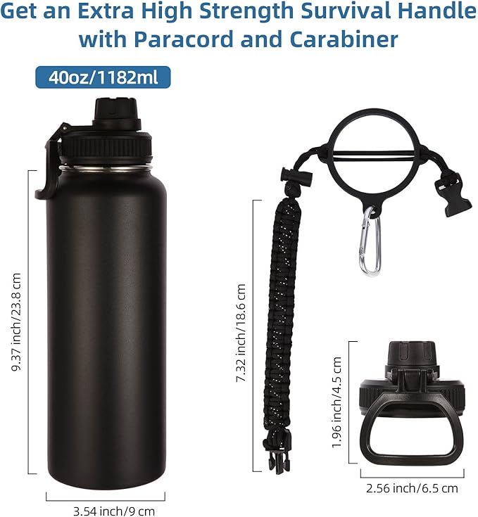 Volhoply 40 oz Insulated Water Bottles Paracord Handle, Stainless Steel Sports Bottle with Spout Lid, Double Walled Travel Water Cups with Wide Mouth, Reusable Water jug for Adults (Black, 1 Set)