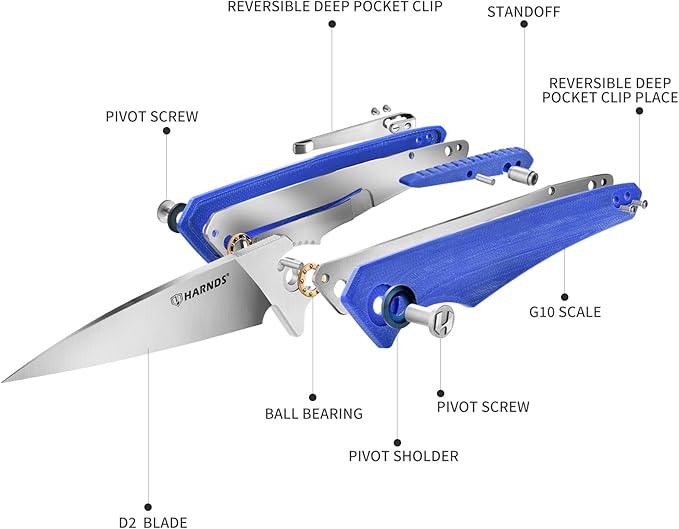 Qingluan Folding Knife with Pocket Clip, D2 Steel Blade 3.54'' and G10 Handle Outdoor Adventure knife EDC Camping Knife (Blue)