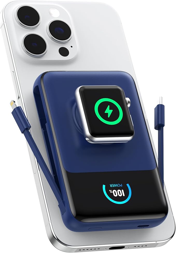 Magnetic Portable Charger 10800mAh with Built-in Cables,5-in-1 Qi2 Certified 15W Wireless Power Bank with iWatch Charger,30W PD Fast Charging USB-C Battery Pack for iPhone 17/16/15/14/13/12-Dark Blue