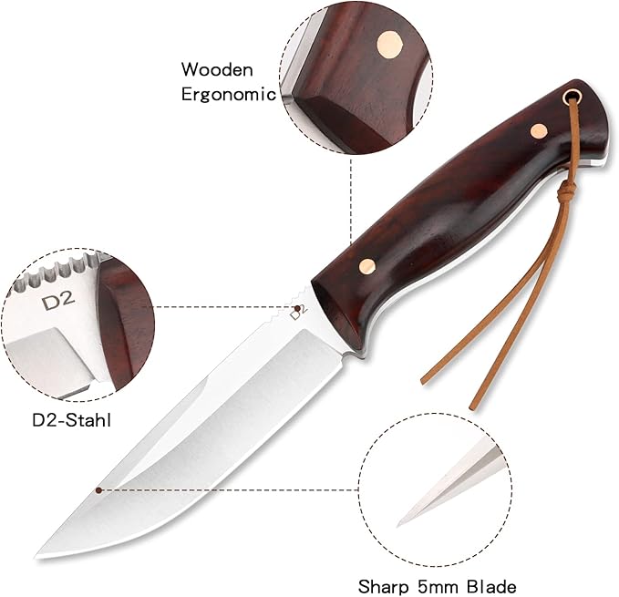 Benkey Fixed Blade Hunting Knife Full Tang with Leather Sheath, Solid & Sharp D2 Blade Outdoor Survival Hunting Knife, Comfortable Natural Wood Handle Camping Knife for Men and Women