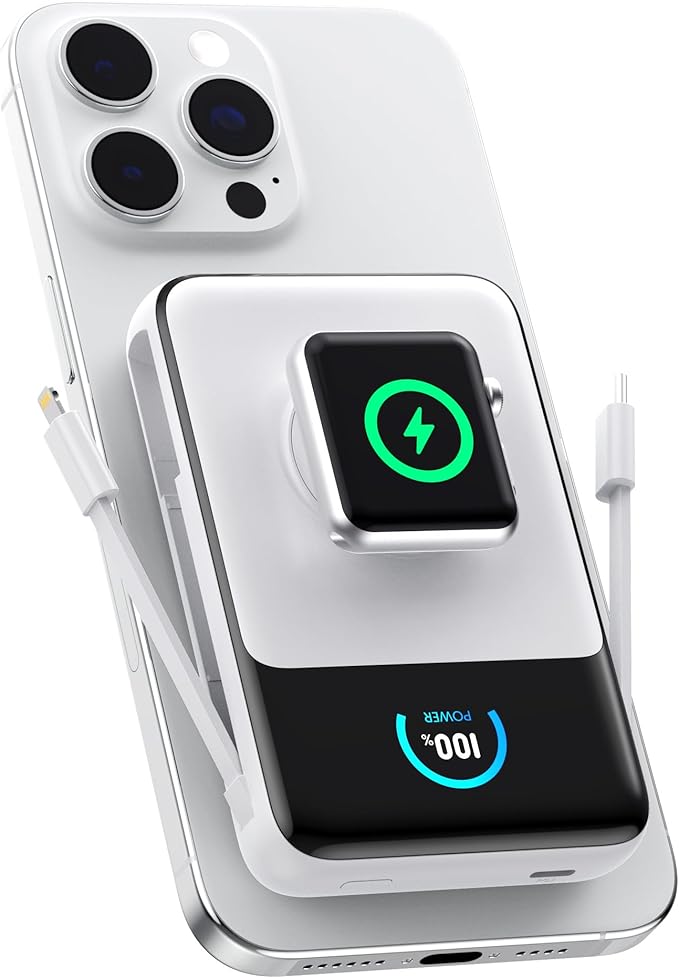 Magnetic Portable Charger 10800mAh with Built-in Cables,5-in-1 Qi2 Certified 15W Wireless Power Bank with iWatch Charger,30W PD Fast Charging USB-C Battery Pack for iPhone 17/16/15/14/13/12-White
