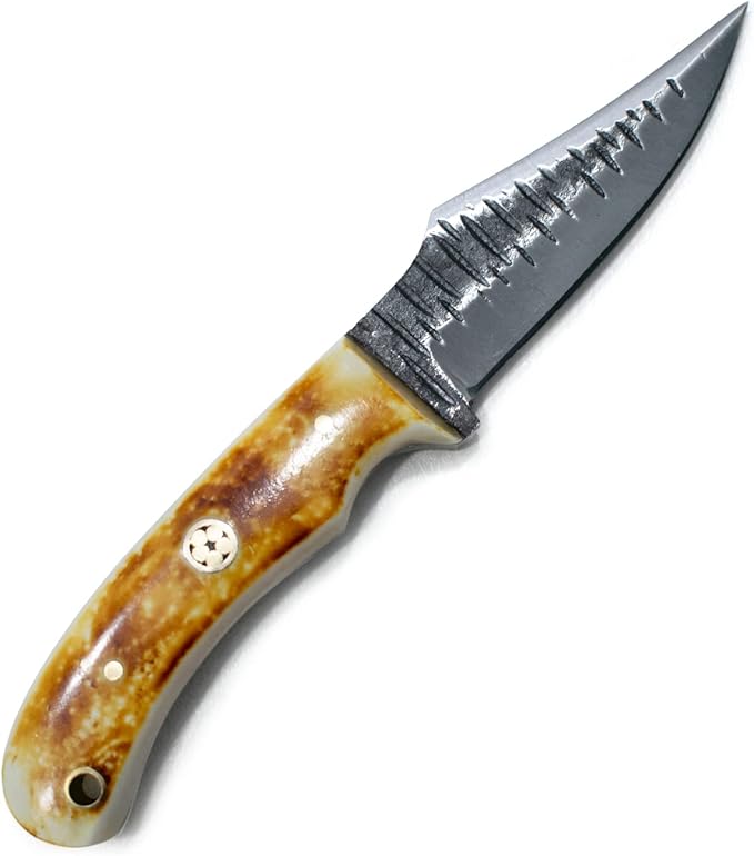 Titan International Knives Handmade Carbon 1080 Steel | Fixed Blade Color Coated Hand Pounded Hunting and Skinning Knife | Burnt Bone Handle Perfect for Hunting and Camping with Leather Sheath