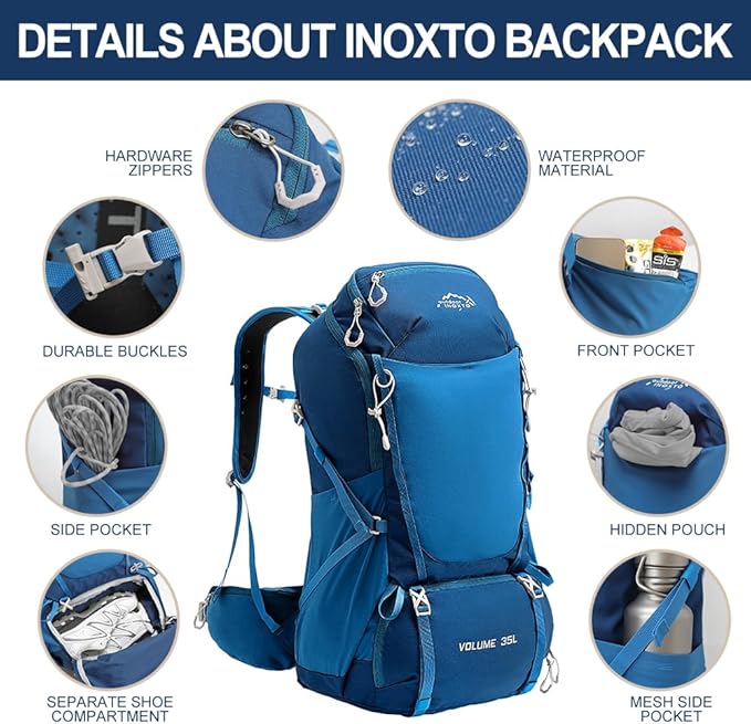 INOXTO 35L Hiking Backpack with 3Lwater bladder, Camping Backpack with Waterproof Rain Cover for Men, Outdoor Sport Travel Daypack for Climbing (Dark blue)