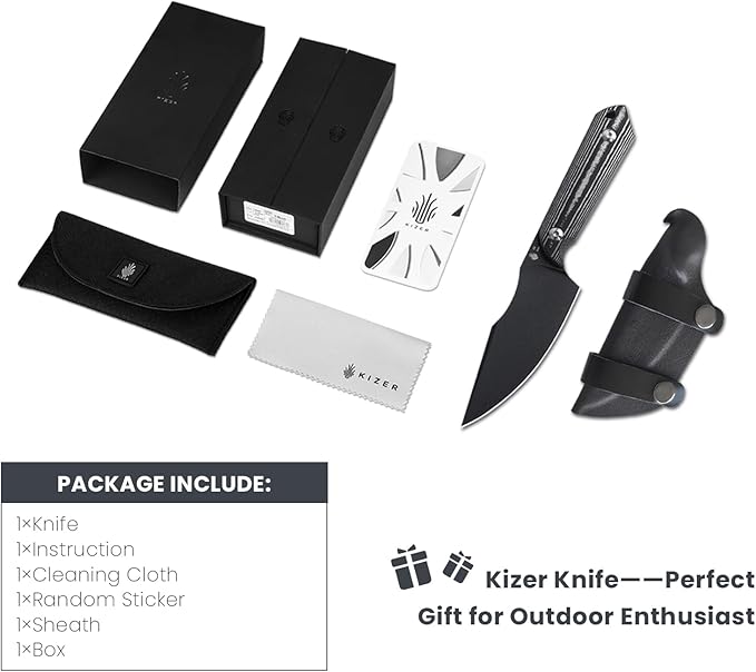Kizer Harpoon Fixed Blade Knife, D2 Blade with Black Micarta Handle Hunting Knives, EDC Fixed Blade Knife with Sheath, for Hunting Hiking Camping 1040A1