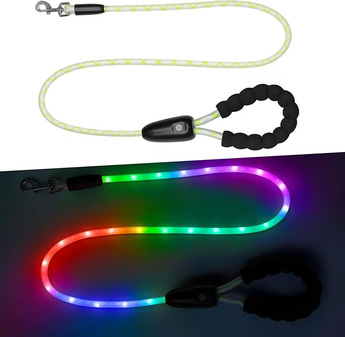 YFbrite Waterproof Light up Dog Leash with 15 Flashing Modes - Super Bright LED Dog Leash for Small Medium Large Dogs - Type-c Rechargeable Dogs Leashes Light (Multi-Color, 4FT (120cm))