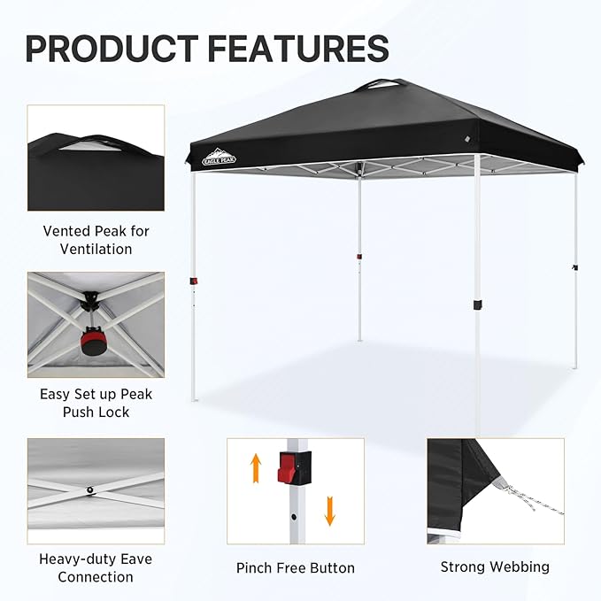 EAGLE PEAK Pop Up Canopy Tent with Wheeled Carry Bag, 8 Stakes, 4 Ropes, Easy Set Up Tent Canopy, 8x8 ft, Black
