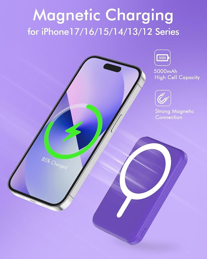 podoru for Magsafe Battery Pack, 5000mAh Magnetic Power Bank with Type-C Cable 20W PD Fast Charging Lighting Input Wireless Portable Charger for iPhone 17/16/15/14/13/12/ All Series-Demon Purple