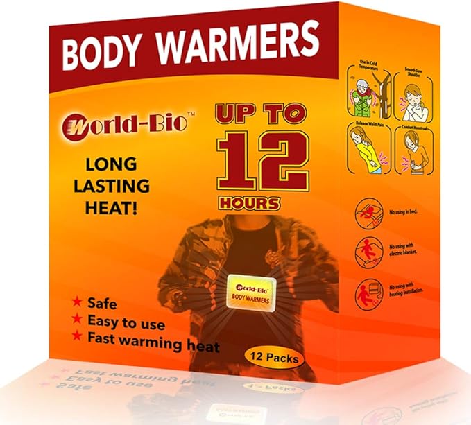 WORLD-BIO Body Warmers for Cold Weather, Heat Warmer Patch Disposable with Adhesive Backing Gives Hours Warm - 10/12/20/32/40 Packs, Hand Warmers Long Lasting Safe Natural Odorless