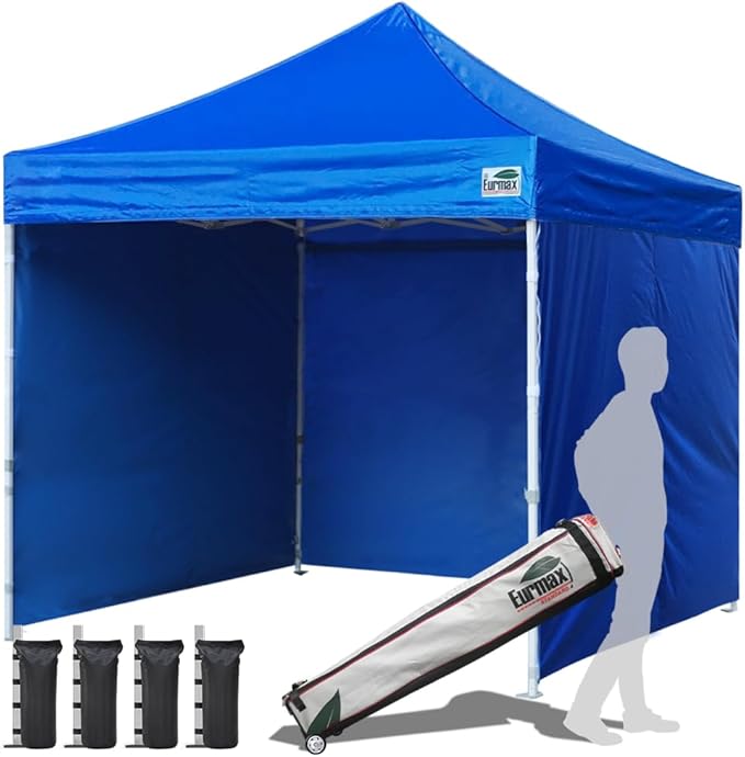 Eurmax USA 10'x10' Pop-up Canopy Tent Commercial Instant Canopies with 4 Removable Zipper End Side Walls and Roller Bag, Bonus 4 SandBags(Blue)