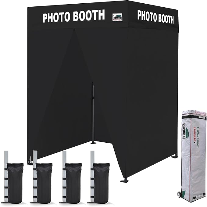 Eurmax USA 5'x5' Flat Top Pop-up Canopy Portable Photo Booth Tent for Events Wedding Photobooth for Professional Photos Photo Studio Photo Booth System with Roller Bag,Bonus 4 SandBags (Black)