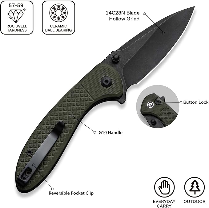 CIVIVI Faeger Pocket Folding Knife for EDC, 2.98" Swedish 14C28N Blade G10 Handle, Reversible Clip for Men Women Outdoor Carry C24031-2 (OD Green)