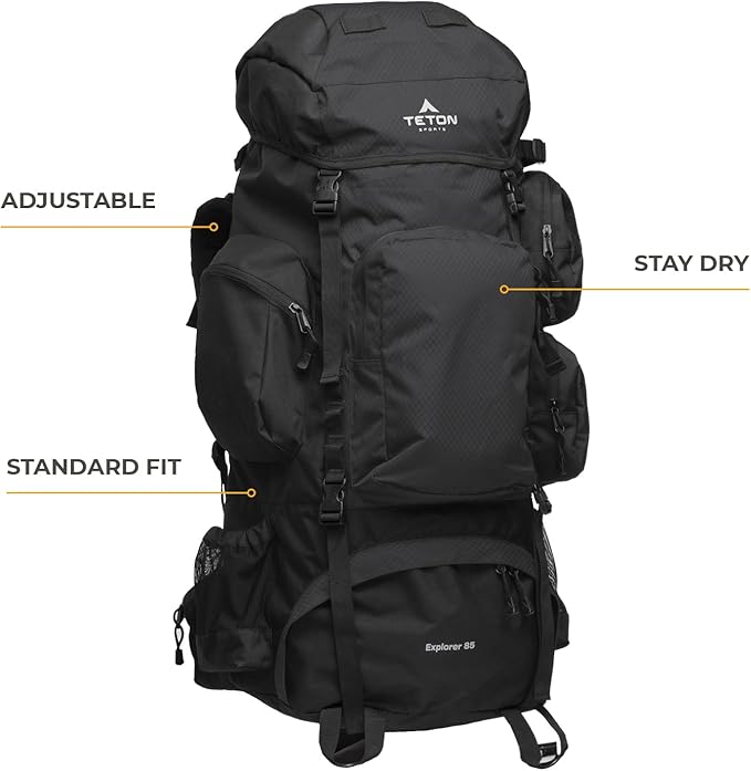 Teton 85L Explorer Internal Frame Backpack for Hiking, Camping, Backpacking, Rain Cover Included, Buck Brown