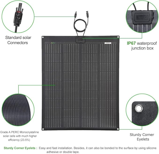 Lensunsolar 100W 12V ETFE Flexible Solar Panel, 33.5x28in, PERC 9BB 23.5%+ Efficiency Mono Solar Cells, for Campers, RVs, Boats, Tent