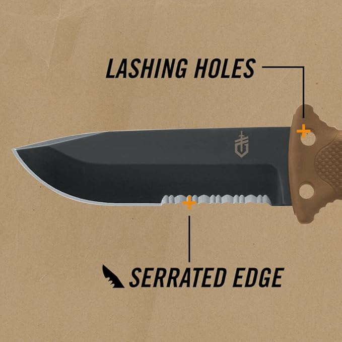 Gerber Gear LMF II Infantry Survival Knife, Military Grade Tactical Fixed Blade with Serrated Edge, Shock Absorbing Handle, Molle Sheath and Sharpener, Coyote Brown
