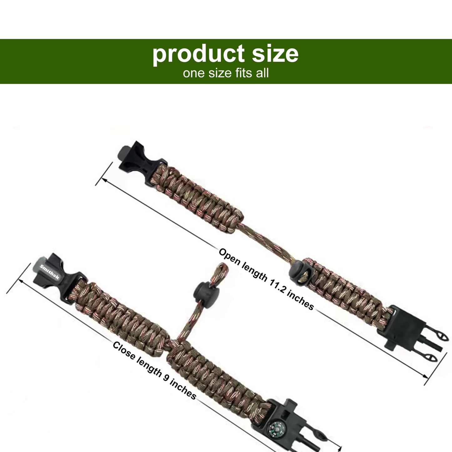 Smithok Paracord Survival Bracelet-Length Adjustable,Loud Whistle Emergency Compass Survival Fire