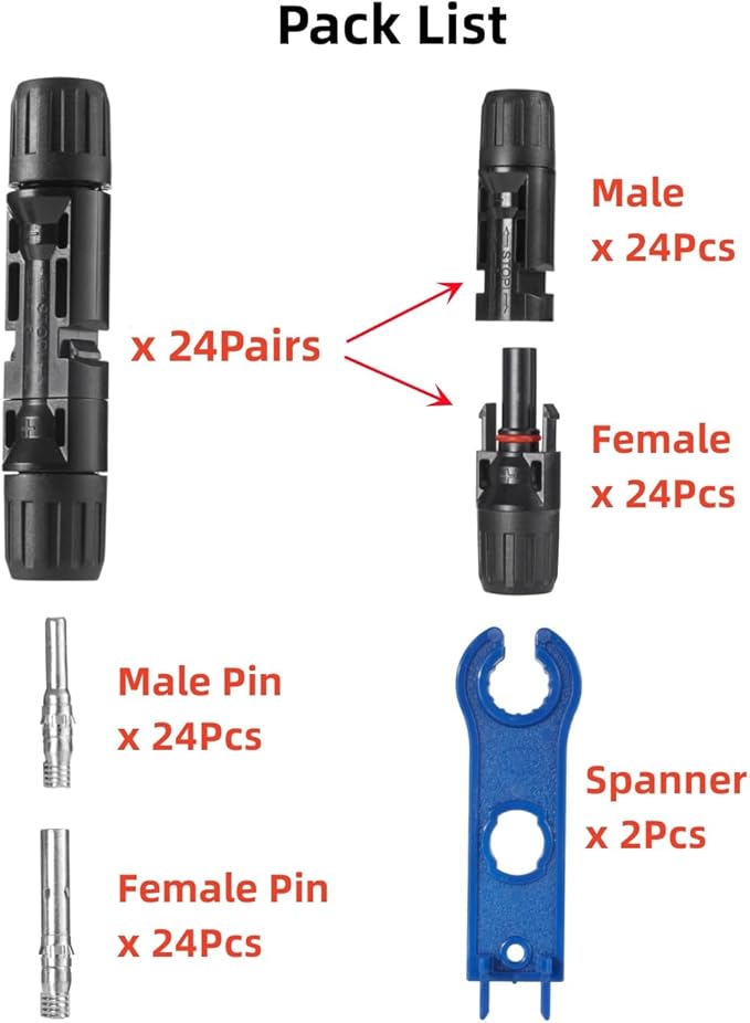 Solar Connectors Panels Kit, Solar Panel Cable Connectors Pins Connector Terminals Crimping Pliers Crimper Set (48PCS(24 Pairs) Solar Connectors)